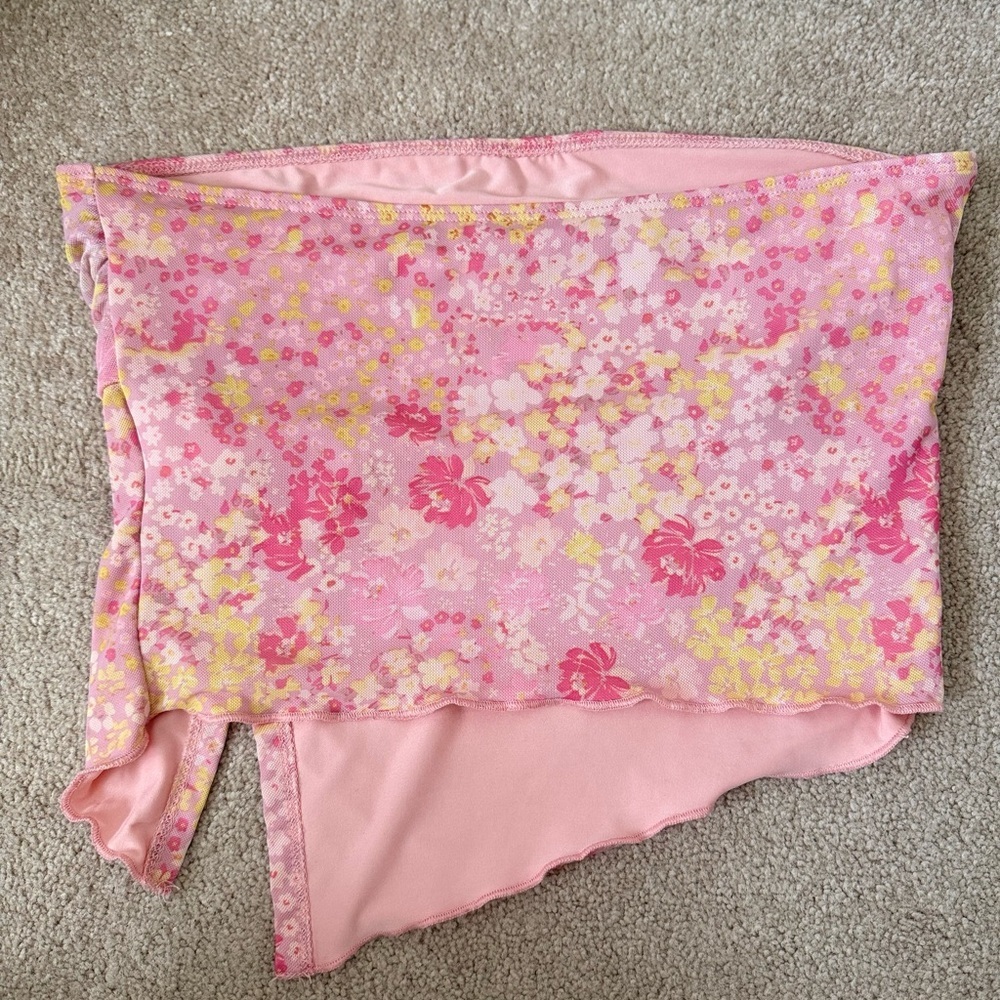 Y2K Tube Top SHEIN Pink Floral Strapless Tube Top Frills Slit Size L - Picture 4 of 5